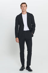 Slim Fit Dar Kesim Mono Yaka Yünlü Siyah Takım Elbise