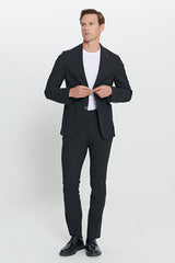 Slim Fit Dar Kesim Mono Yaka Yünlü Siyah Takım Elbise
