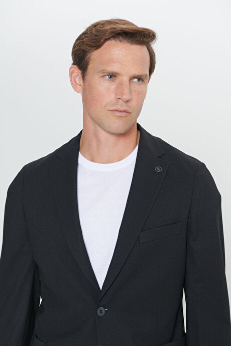 Slim Fit Dar Kesim Mono Yaka Yünlü Siyah Takım Elbise