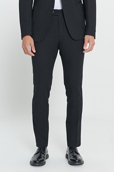 Slim Fit Dar Kesim Mono Yaka Yünlü Siyah Takım Elbise