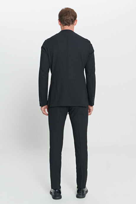 Slim Fit Dar Kesim Mono Yaka Yünlü Siyah Takım Elbise