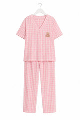 Bella Notte Pembe Beyaz Pötikare V Yaka Kısa Kollu Pijama Takımı 61251 - Pembe