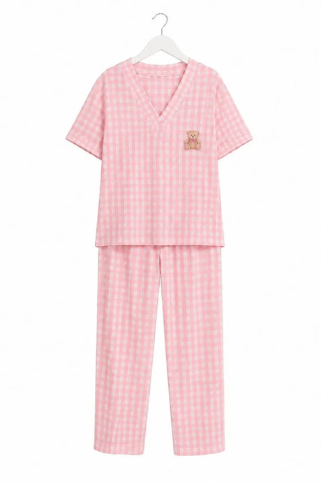 Bella Notte Pembe Beyaz Pötikare V Yaka Kısa Kollu Pijama Takımı 61251 - Pembe