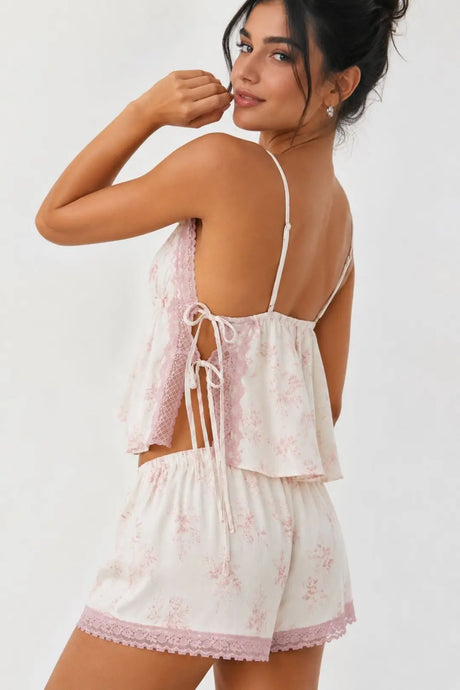Bella Notte Ekru Pembe Çiçek Desenli Dantel Detaylı Bağlamalı Şortlu Pijama Takımı 79339 - Ekru