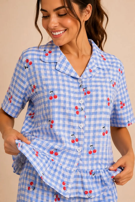 Bella Notte Kadın Mavi Pötikare Kiraz Desenli Fırfırlı Pijama Takımı 61239 - Mavi