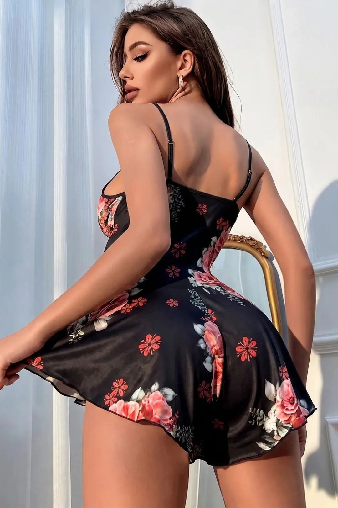 Bella Notte Siyah Çiçek Desenli Dantel ve Kurdele Detaylı Tulum Gecelik 36171 - Siyah