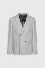 Yünlü Slim Fit Dar Kesim Kırlangıç Yaka Çizgili Kapak Cepli Açık Gri Takım Elbise