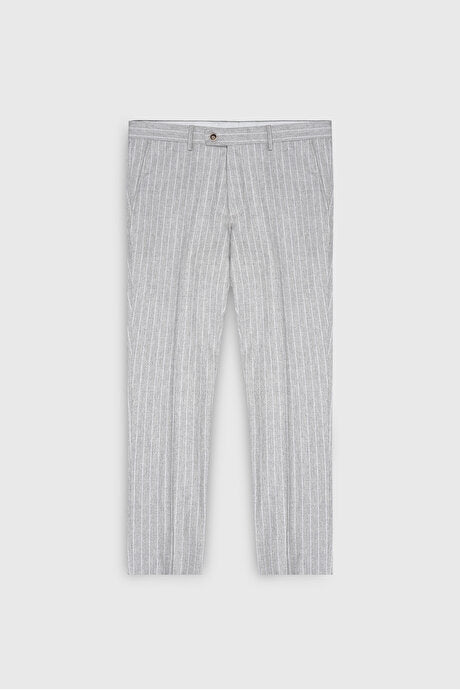 Yünlü Slim Fit Dar Kesim Kırlangıç Yaka Çizgili Kapak Cepli Açık Gri Takım Elbise