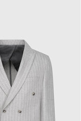 Yünlü Slim Fit Dar Kesim Kırlangıç Yaka Çizgili Kapak Cepli Açık Gri Takım Elbise