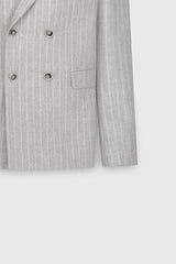 Yünlü Slim Fit Dar Kesim Kırlangıç Yaka Çizgili Kapak Cepli Açık Gri Takım Elbise