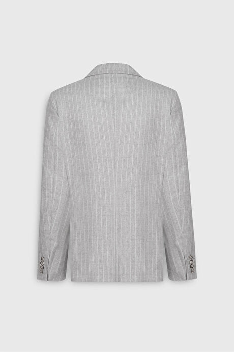 Yünlü Slim Fit Dar Kesim Kırlangıç Yaka Çizgili Kapak Cepli Açık Gri Takım Elbise