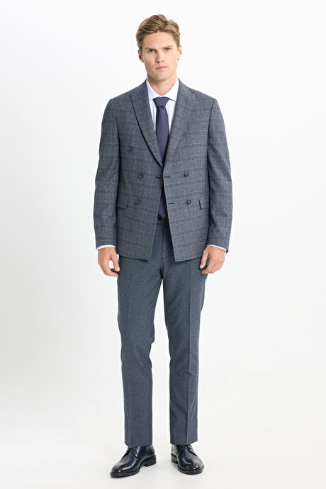 Slim Fit Dar Kesim Kırlangıç Yaka Kareli Kapak Cepli Esnek Koyu Gri Takım Elbise