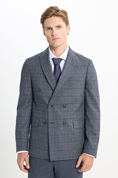 Slim Fit Dar Kesim Kırlangıç Yaka Kareli Kapak Cepli Esnek Koyu Gri Takım Elbise