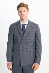 Slim Fit Dar Kesim Kırlangıç Yaka Kareli Kapak Cepli Esnek Koyu Gri Takım Elbise