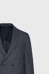 Slim Fit Dar Kesim Kırlangıç Yaka Kareli Kapak Cepli Esnek Koyu Gri Takım Elbise