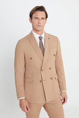 Slim Fit Dar Kesim Kırlangıç Yaka Beli Bağlamalı Çizgili Esnek Kruvaze Camel Takım Elbise