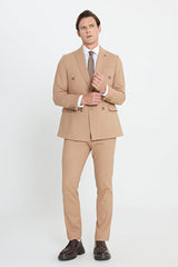 Slim Fit Dar Kesim Kırlangıç Yaka Beli Bağlamalı Çizgili Esnek Kruvaze Camel Takım Elbise