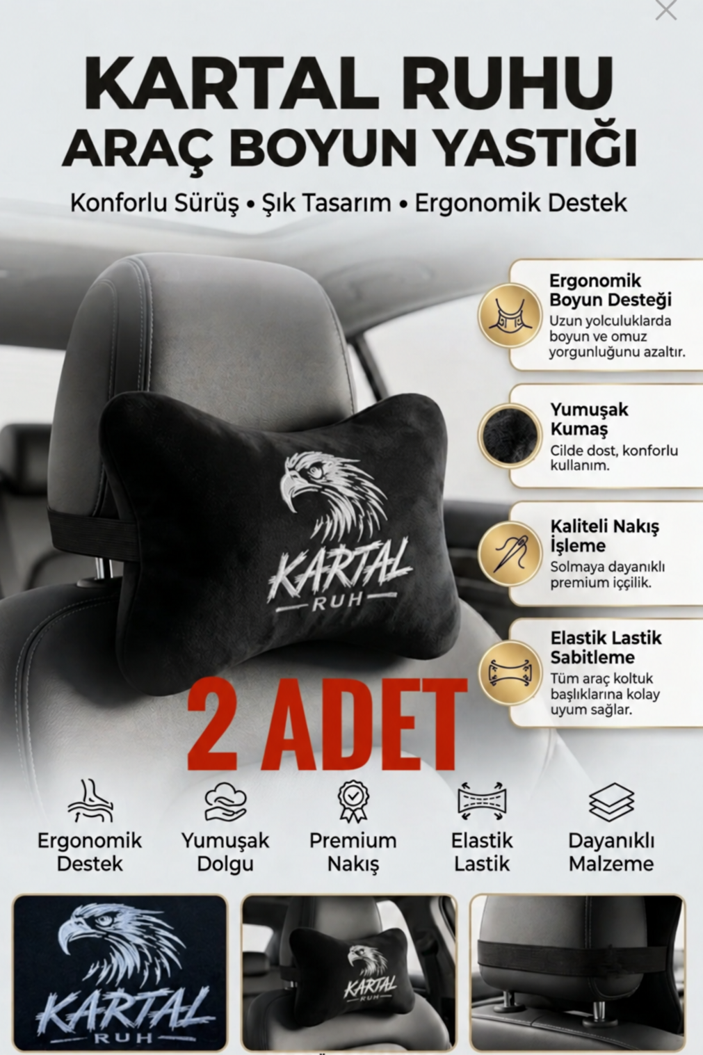 Peluş Kartal Taraftar Nakışlı Oto Boyun Yastığı (2 ADET) Araç Koltuk Boyun Destek Yastığı Seti Oto Aksesuar