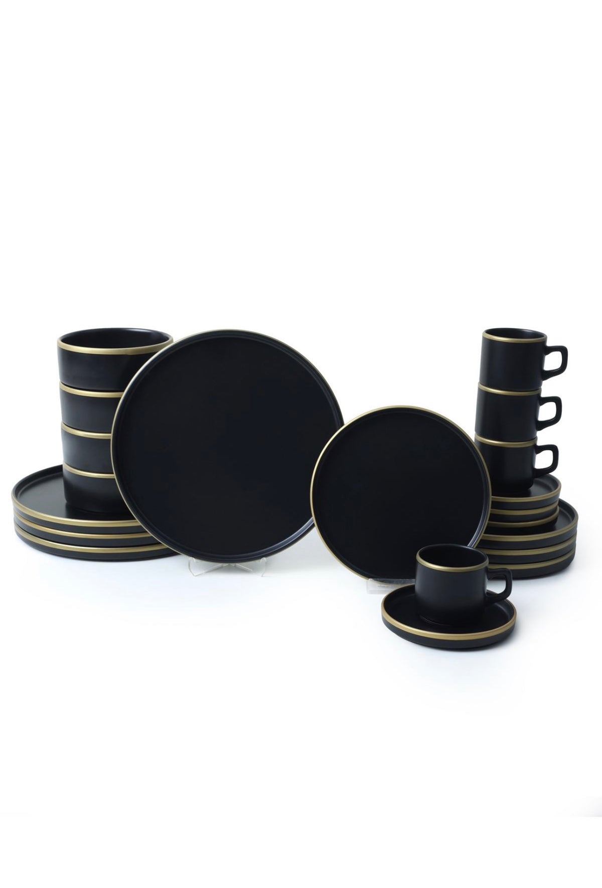 KERAMIKA Mat Siyah Gold Fileli Stackable Yemek / Kahvaltı Takımı 20 Parça