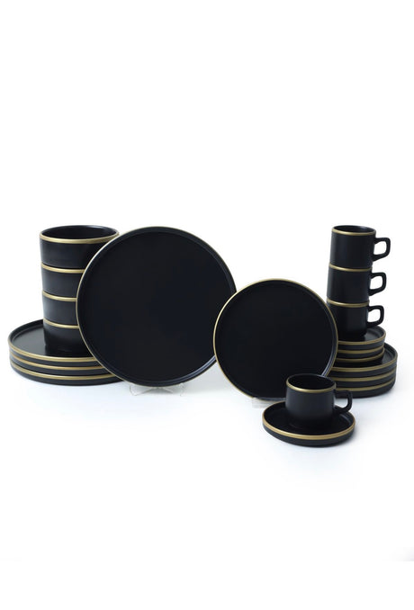 KERAMIKA Mat Siyah Gold Fileli Stackable Yemek / Kahvaltı Takımı 20 Parça