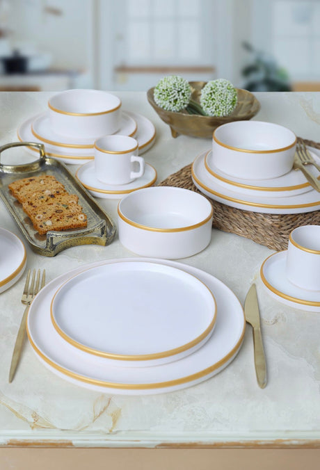 KERAMIKA Mat Beyaz Gold Fileli Stackable Yemek / Kahvaltı Takımı 20 Parça