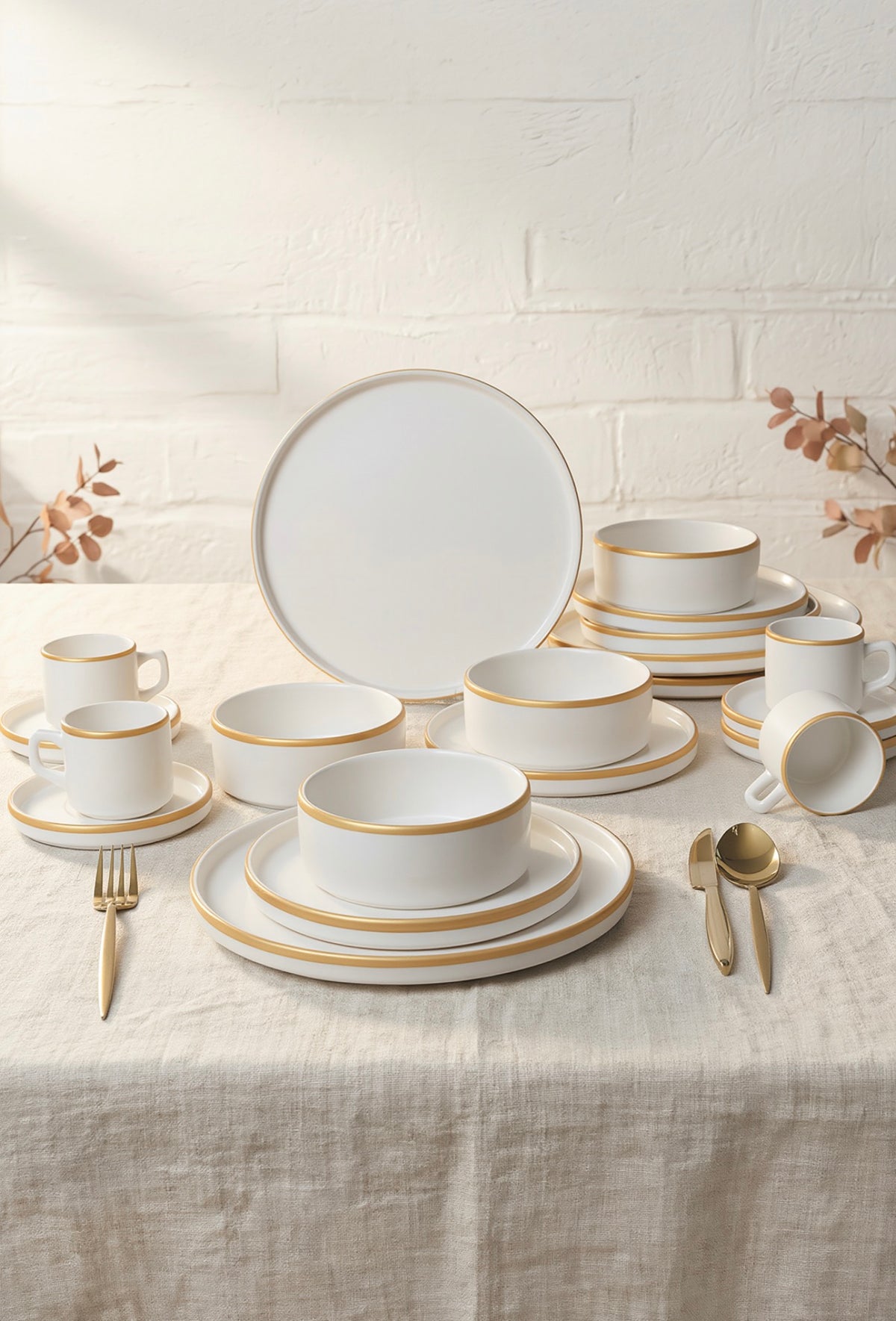KERAMIKA Mat Beyaz Gold Fileli Stackable Yemek / Kahvaltı Takımı 20 Parça