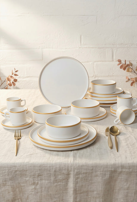 KERAMIKA Mat Beyaz Gold Fileli Stackable Yemek / Kahvaltı Takımı 20 Parça