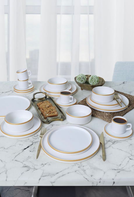 KERAMIKA Mat Beyaz Gold Fileli Stackable Yemek / Kahvaltı Takımı 20 Parça