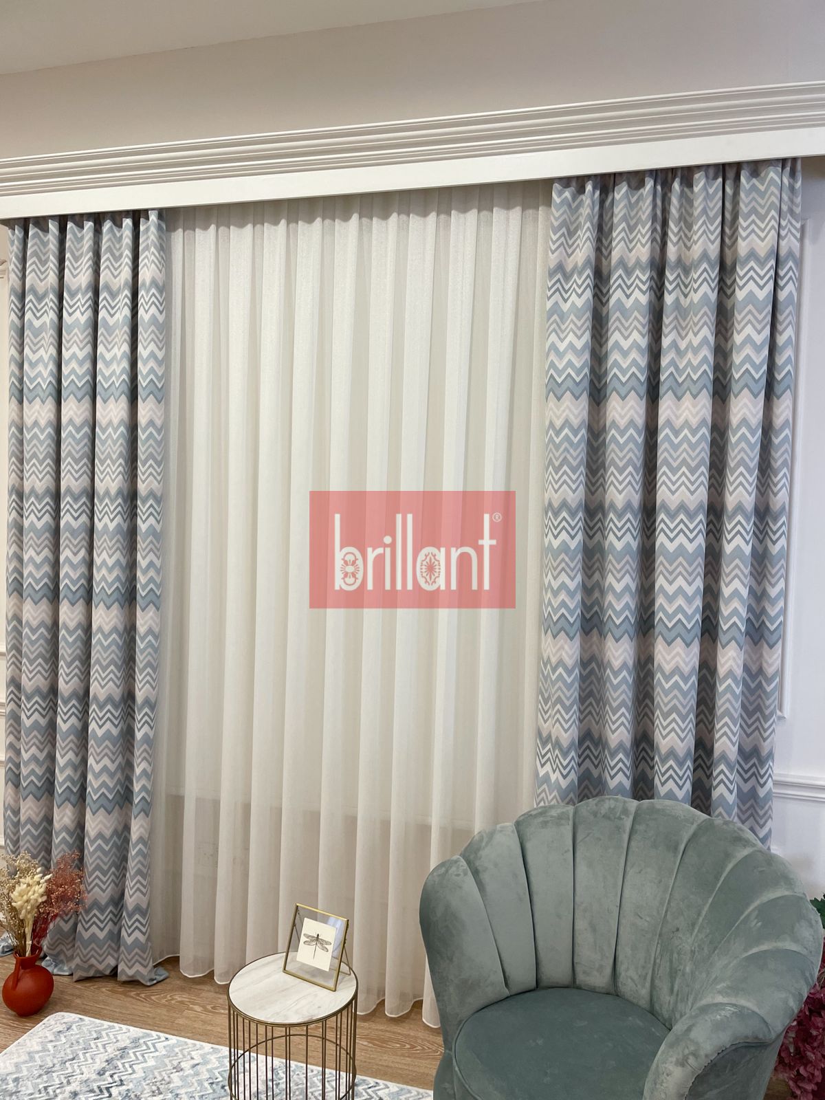 Zigzag Desenli PİLESİZ DÜZ DİKİM Ekstraforlu Fon Perde -GRİ - MAVİ 300x260