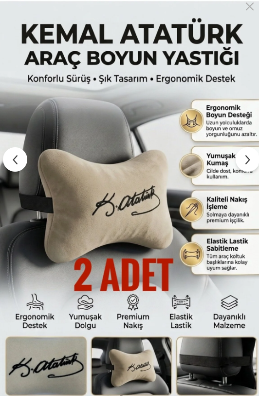 Peluş K. Atatürk İmzalı Nakışlı Bej Oto Boyun Yastığı (2 ADET) Araç Koltuk Boyun Destek Yastığı Seti Oto Aksesuar