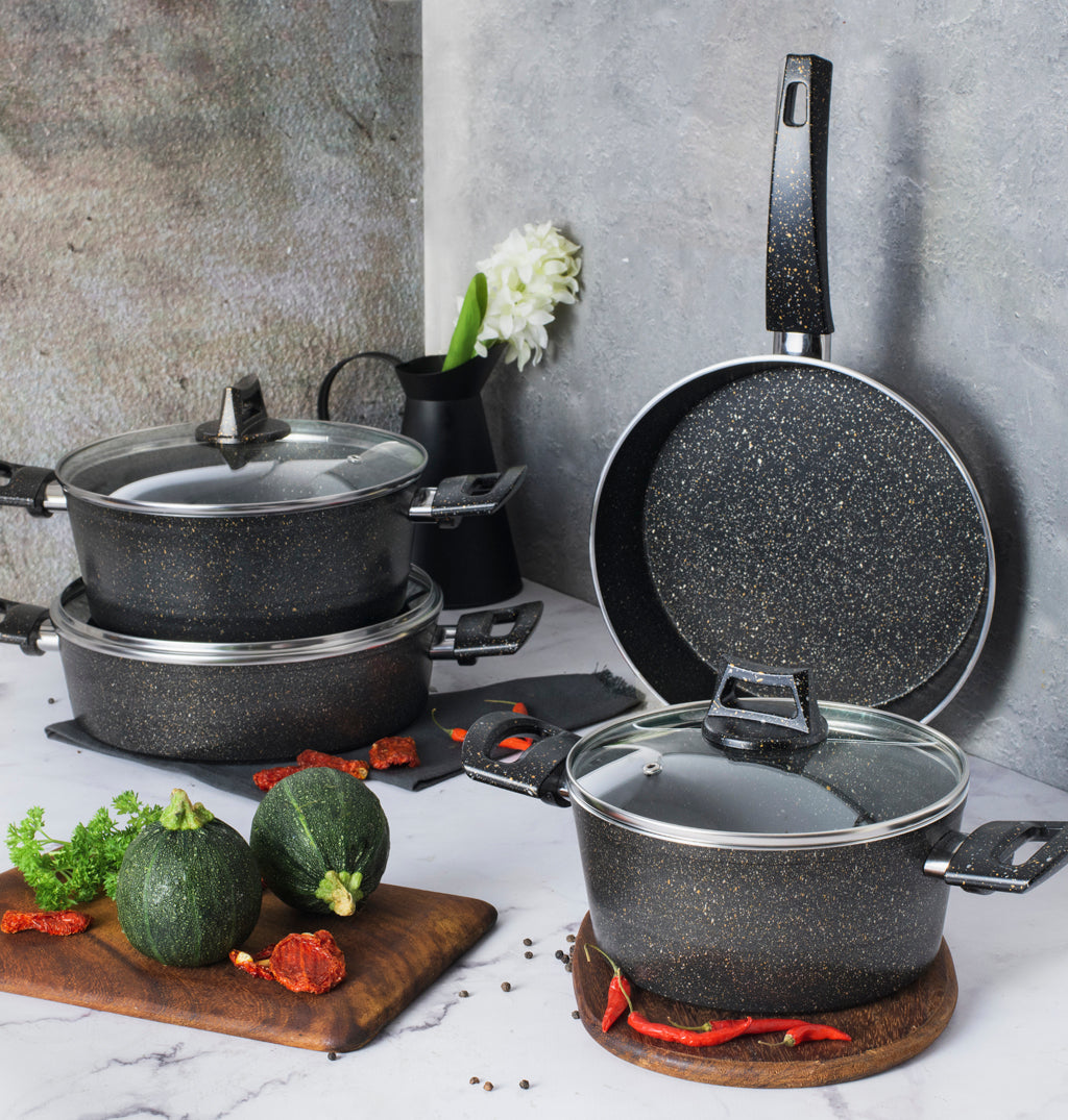 ORKİDE SİYAH 7 PARÇA SET / 20 CM TENCERE + 24 CM TENCERE + 26 CM KARNIYARIK + 26 CM TAVA