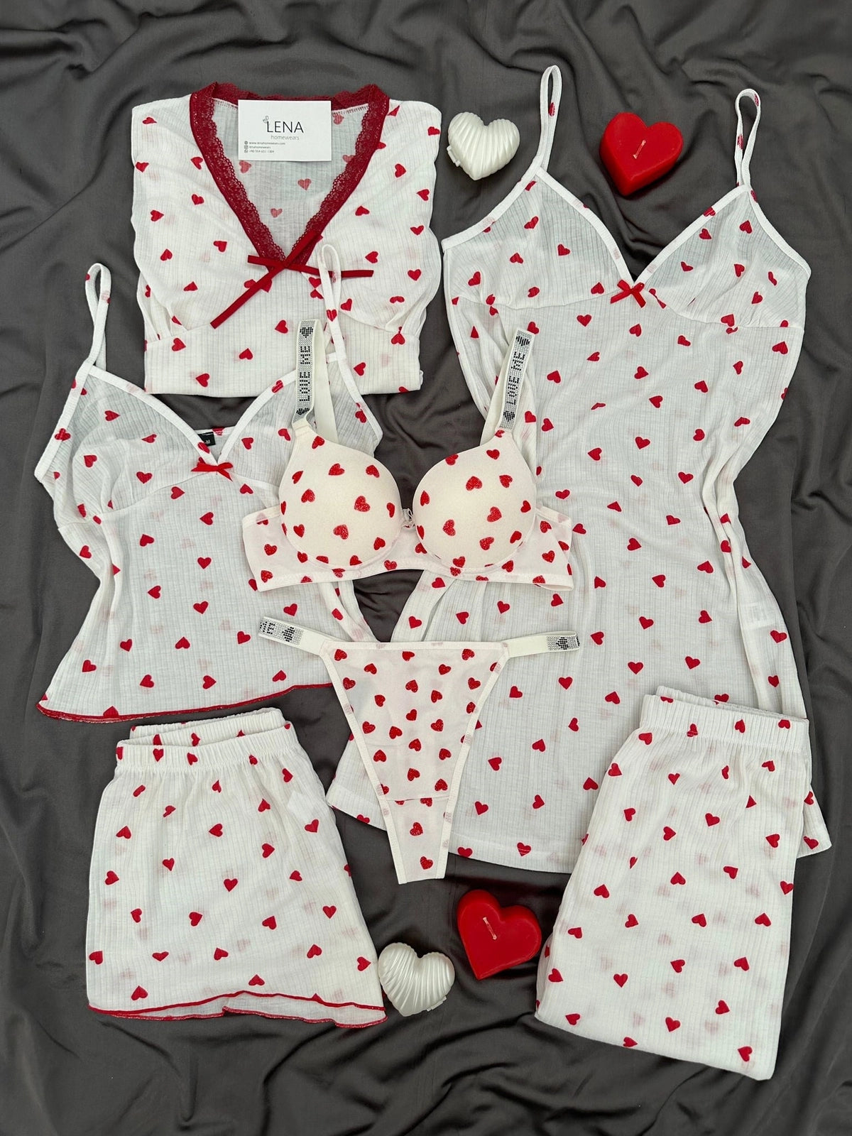 Ekru Kalp Raporlu 7'lı Pijama & Çamaşır Seti
