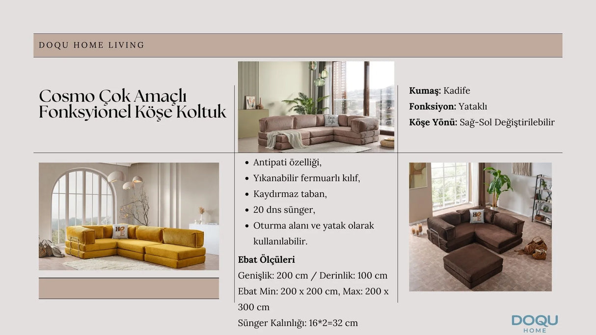 Doqu Home - Cosmo Çok Fonksiyonlu Köşe Koltuk Krem