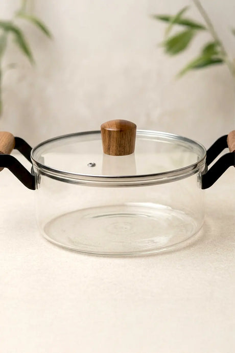 Kitchen Life Marmite de cuisson en verre borosilicaté transparent avec poignées en bois et couvercle, 2,5 litres