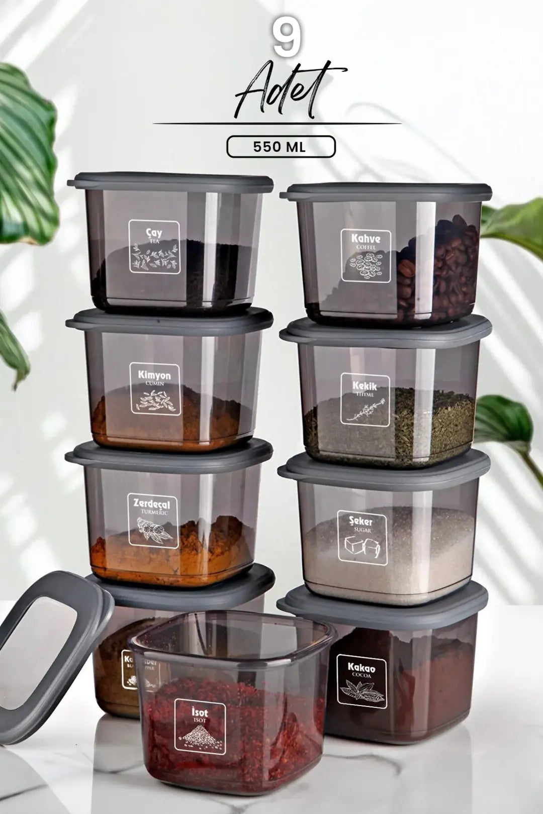 Kitchen Life Avantajlı 9'lu Antrasit Etiketli ve Kaşıklı Boly Kare Saklama Kabı Seti 550ml - Çoklu Set Yapılabilen Set Erzak Kavanoz