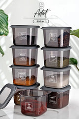 Kitchen Life Avantajlı 9'lu Antrasit Etiketli ve Kaşıklı Boly Kare Saklama Kabı Seti 550ml - Çoklu Set Yapılabilen Set Erzak Kavanoz