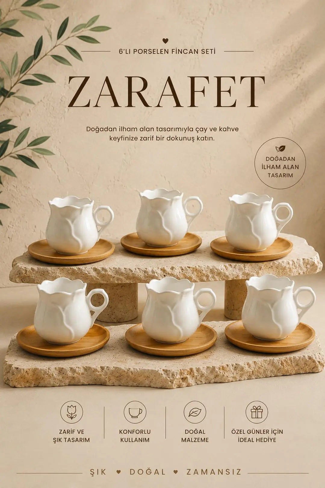 Kitchen Life Rose 12 Parça 6 Kişilik Porselen Kahve Fincan Takımı 100 ml Bambu Tabaklı Fincan Seti