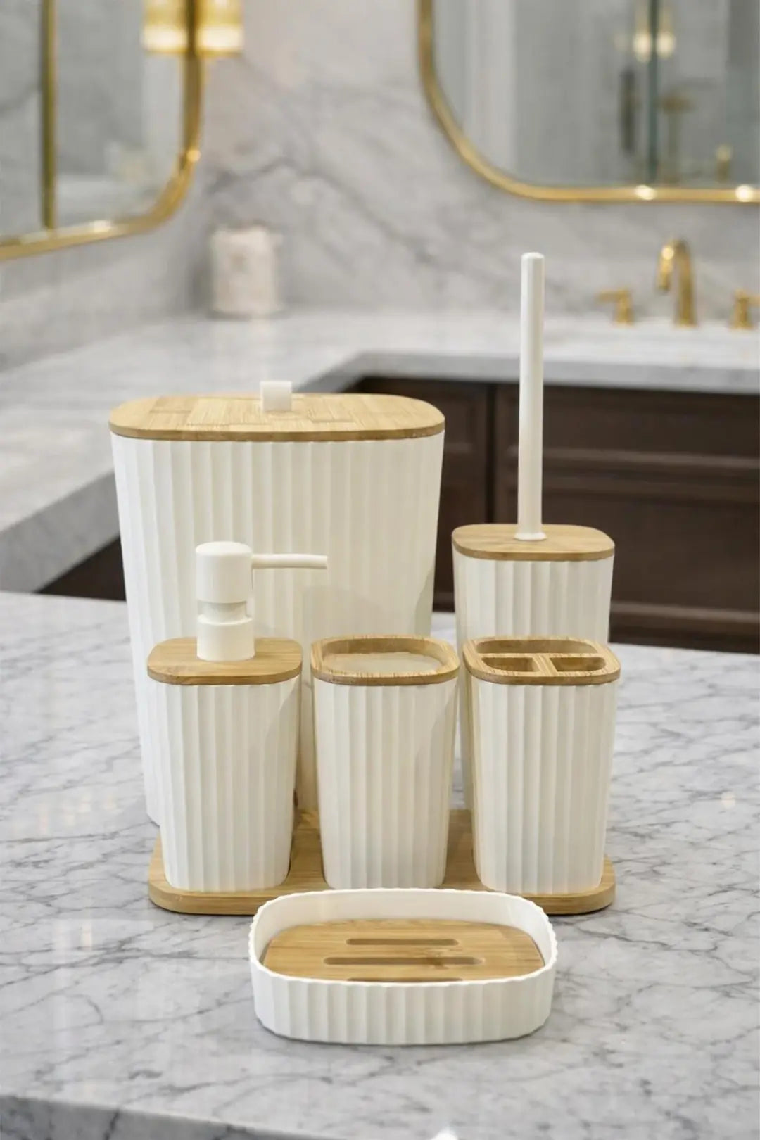 Kitchen Life Yapışkanlı Gerçek Bambu Beyaz 6'lı Safir Banyo Seti