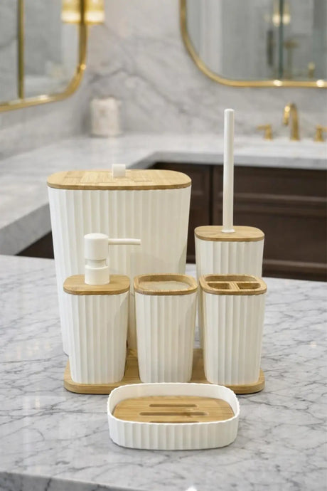 Ensemble de salle de bain Kitchen Life Safir en véritable bambou blanc adhésif, lot de 6