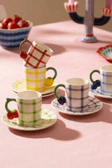 Kitchen Life 12 Parça 6 Kişilik Ekose Desenli Meyve Figürlü Porselen Kahve Fincan Takımı 100 ml