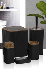Kitchen Life Stella Siyah Ahşap Desenli Çizgili 5'li Banyo Seti