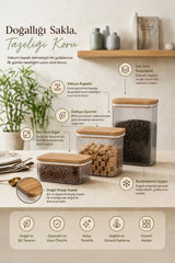Kitchen Life 3'lu Etiketli Ahşap Kapaklı Vakumlu Kavanoz Seti Tea,Coffee,Sugar(1x2,4LT-1x1,6LT-1x800ml)