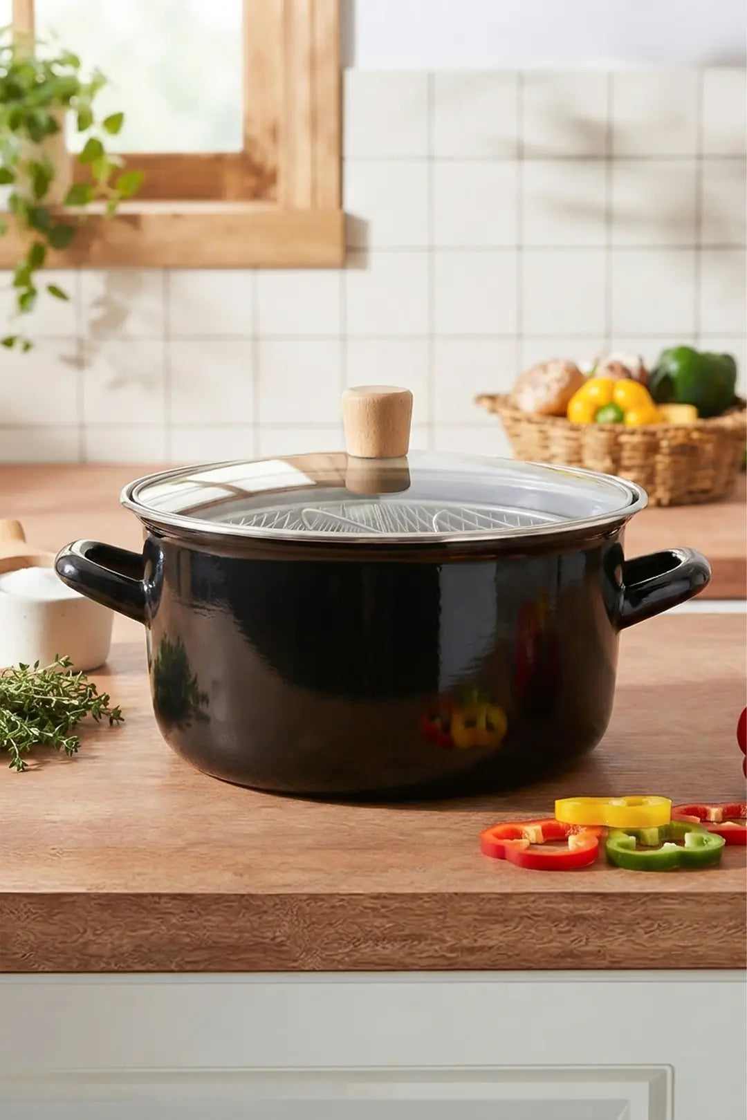 Kitchen Life Master Pro Cook Ahşap Kulplu,Paslanmaz Saplı Siyah Süzgeçli Emaye Kızartma Tenceresi 22 cm