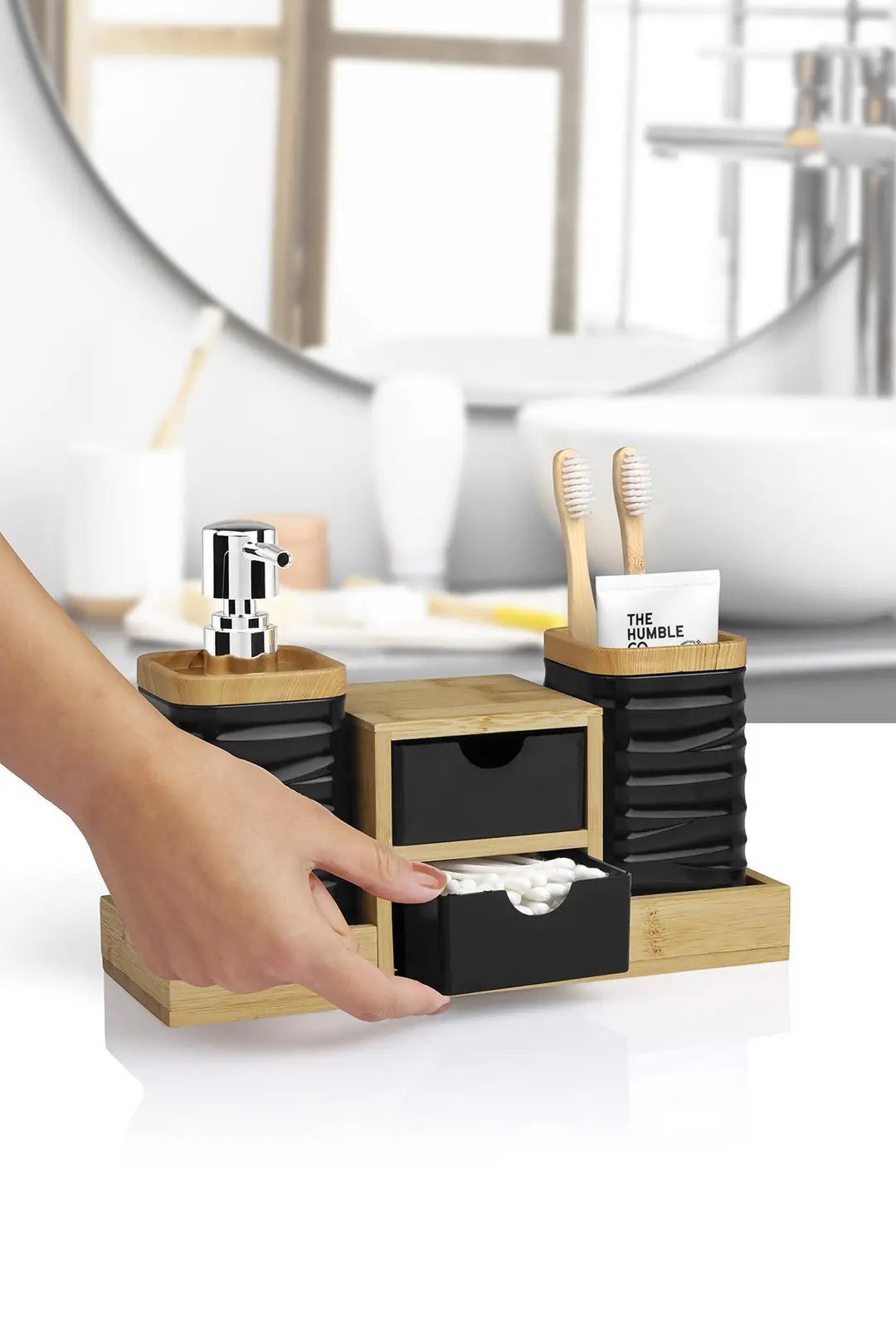 Kitchen Life Siyah Bambu Çekmeceli Sıvı Sabunluk Ve Diş Fırçalıklı Banyo Organizeri