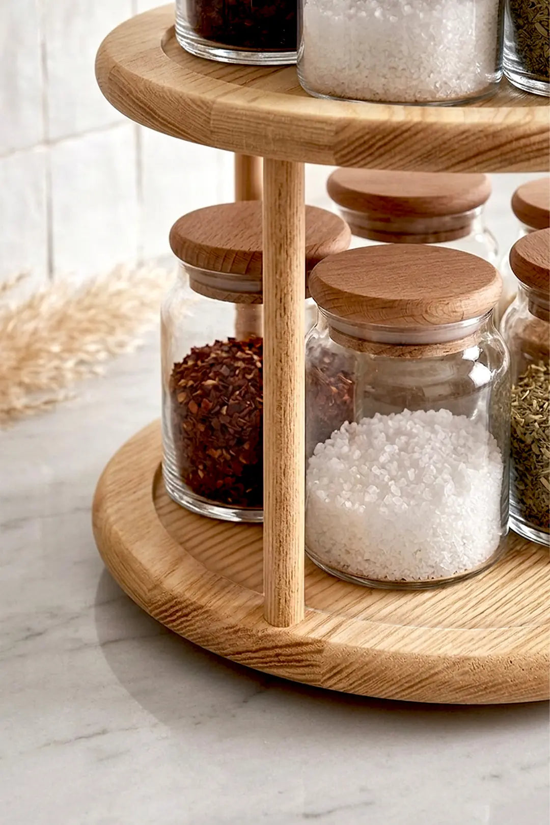 Kitchen Life 11 Parça Bambu Kapaklı Vakumlu Döner Bambu Standlı Etiketli Cam Baharatlık Seti Kavanoz