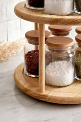 Kitchen Life 11 Parça Bambu Kapaklı Vakumlu Döner Bambu Standlı Etiketli Cam Baharatlık Seti Kavanoz