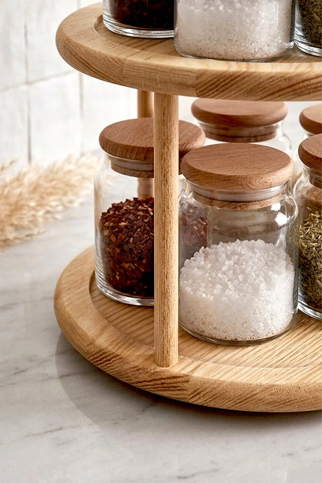 Kitchen Life 11 Parça Bambu Kapaklı Vakumlu Döner Bambu Standlı Etiketli Cam Baharatlık Seti Kavanoz