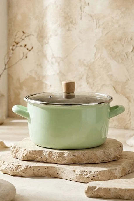 Kitchen Life Master Pro Cook Faitout émaillé vert d’eau avec panier à friture, poignée en bois et manche en inox, 22 cm