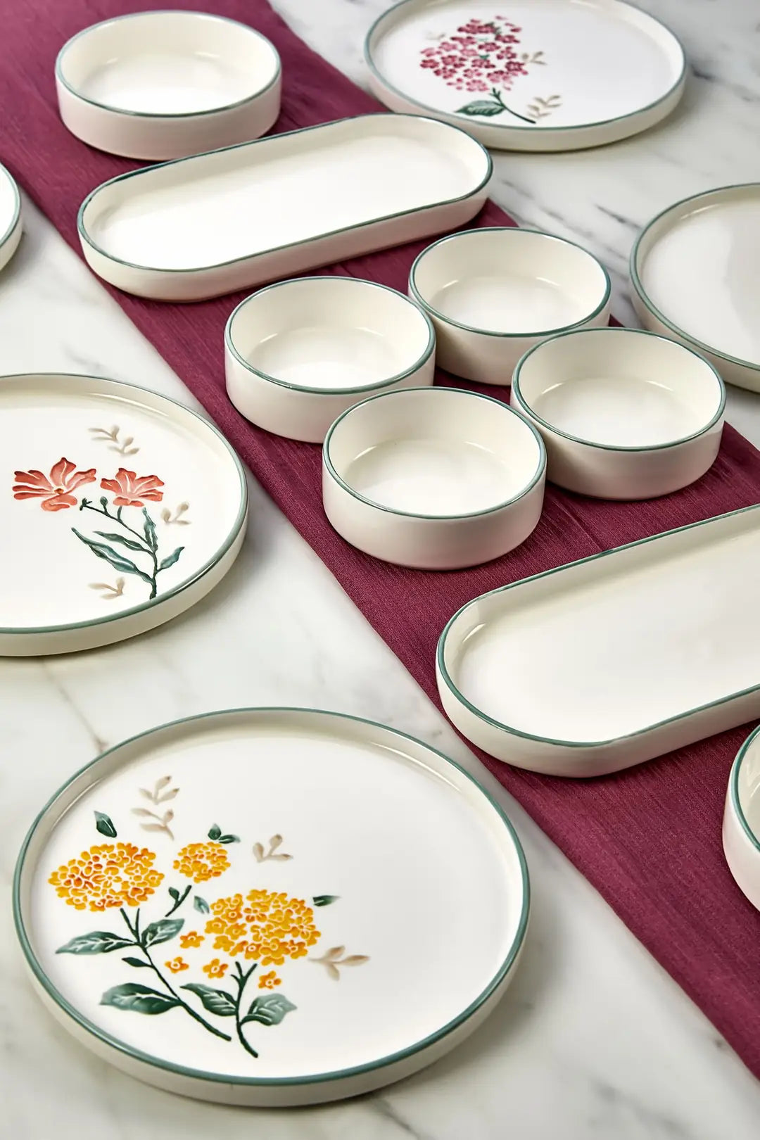 Kitchen Life 14 Parça 6 Kişilik Flowers Stackable Kahvaltı Takımı - Lüx Kahvaltılık Sunum Seti Tabağı
