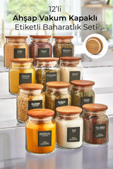 Kitchen Life Myrina Etiketli 12'li Ahşap Vakumlu Kapaklı Baharatlık Takımı 300ml x12